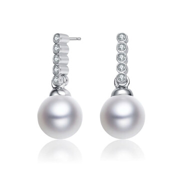Bông tai Megan Walford Sterling Silver Round Freshwater Pearl With Round Cubic Zirconia Drop Earrings