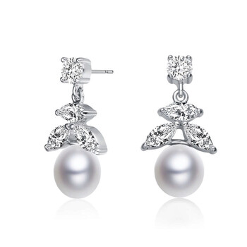 Bông tai Megan Walford Sterling Silver Round Pearl With Marquise And Round Cubic Zirconia Drop Earrings