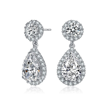 Bông tai Megan Walford Sterling Silver Pear And Round Cubic Zirconia With Halo Drop Earrings