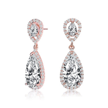 Bông tai Megan Walford Rose Over Sterling Silver Pear And Round Cubic Zirconia Halo Two Tier Drop Earrings