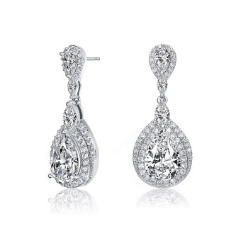 Bông tai Megan Walford Sterling Silver Pear And Round Cubic Zirconia Halo Dangle Earrings