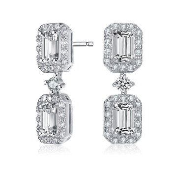 Bông tai Megan Walford Sterling Silver Emerald And Round Cubic Zirconia Rectangular Halo Drop Earrings