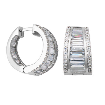 Bông tai Morgan & Paige Rhodium Plated Sterling Silver Tapered Channel Set & Baguette Wide Hoop Huggie Earrings