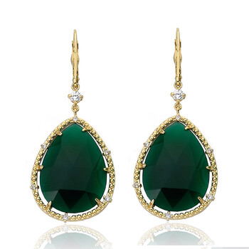 Bông tai Riccova Gem Stone 14K Gold Plated Cubic Zirconia Trimmed Precious Green Agate Teardrop Dangle Earring
